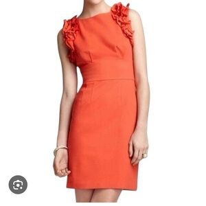 Trina Turk Mina Ruffle Ponte Knit Dress coral sheath dress with ruffle, size 8